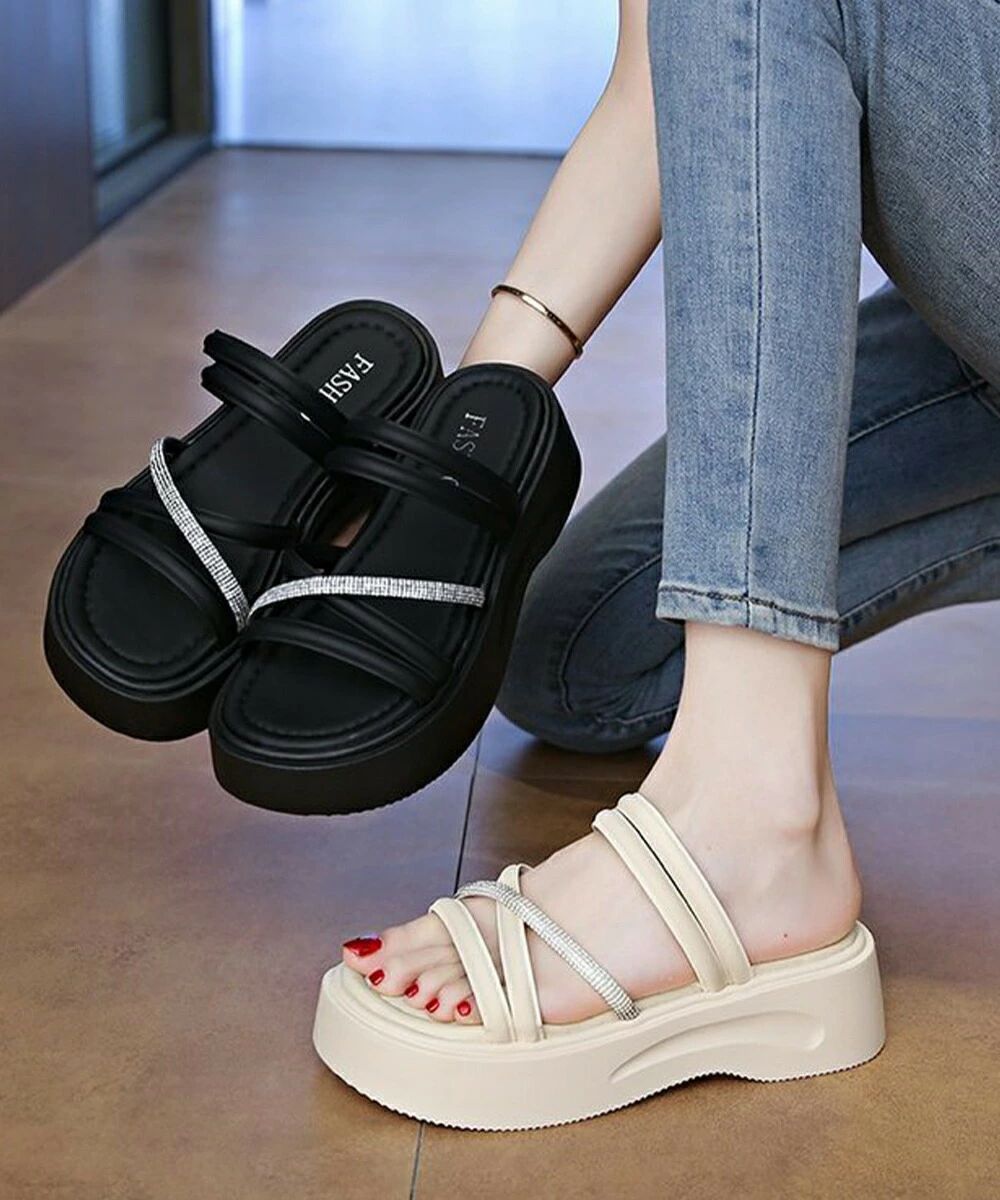 厚底サンダル クロスストラップ夏靴 軽量 キラキララインストーンサンダル レディース 歩きやすい韓国風プラットフォームサンダル おしゃれ 疲れないシューズ美脚脚長 3JIANLONG-080