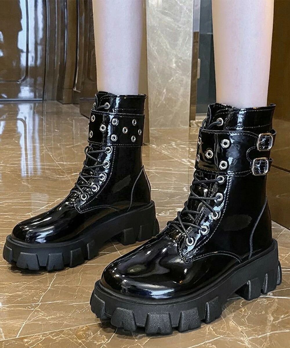 厚底ショートブーツ 黒ストームブーツ美脚 レディース かっこいい エンジニアブーツ バックファスナー ..