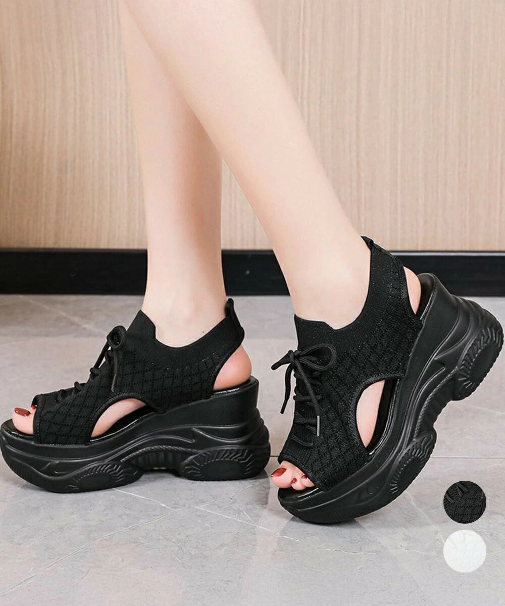 厚底ニットサンダル スポーツサンダル 夏 ボリュームソールサンダル レースアップ靴 歩きやすい痛くな..