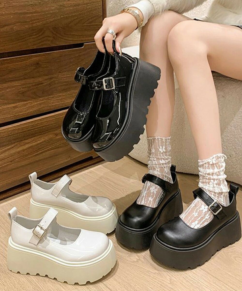 厚底ローファー レディース韓国風 美脚靴 ラウンドトゥPUレザー靴 歩きやすいメイド靴 軽量メリージェーンシューズ お嬢様パンプス黒 厚底5cm プラットフォーム 90JIANLONG-015