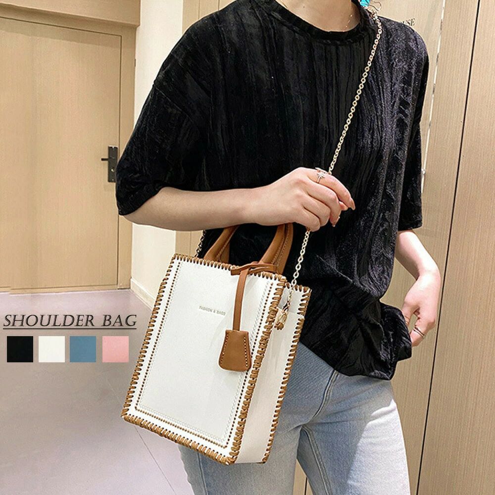 ショルダーバッグ チェーン PUレザー ハンドバッグ 2WAY スクエア 肩掛け チェーンバッグ おしゃれ かばん 配色 大人 上品