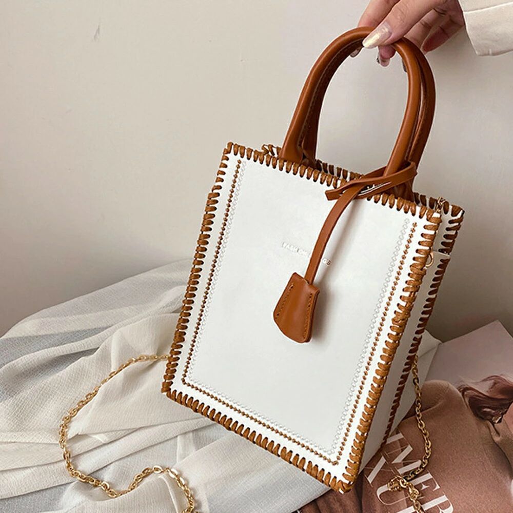 ショルダーバッグ チェーン PUレザー ハンドバッグ 2WAY スクエア 肩掛け チェーンバッグ おしゃれ かばん 配色 大人 上品 3