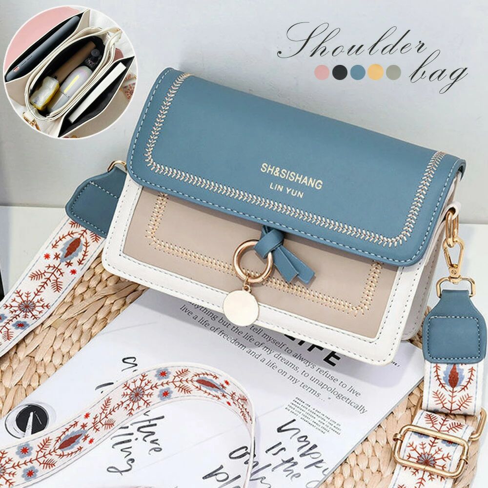 ショルダーバッグ レディース斜めがけ配色 ワイドストラップ バイカラー 韓国スクエアBAG カジュアル ..