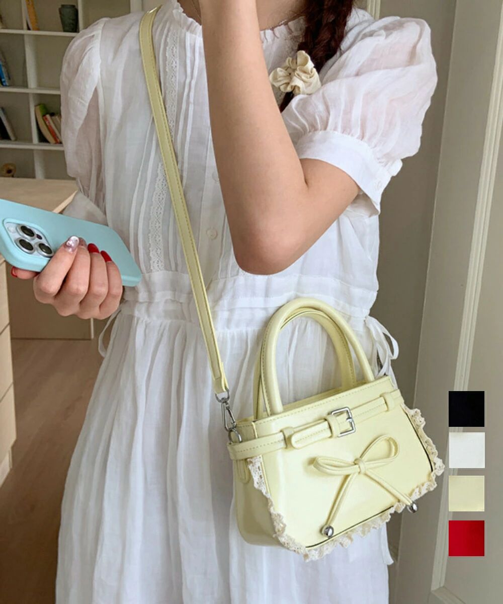 ショルダーバッグ 小さめ フェイクレザー ハンドバッグ スクエア 2way 肩掛けバッグ リボンデザイン 大人かわいい手提げ鞄 レース 斜め掛けカバン フェミニン