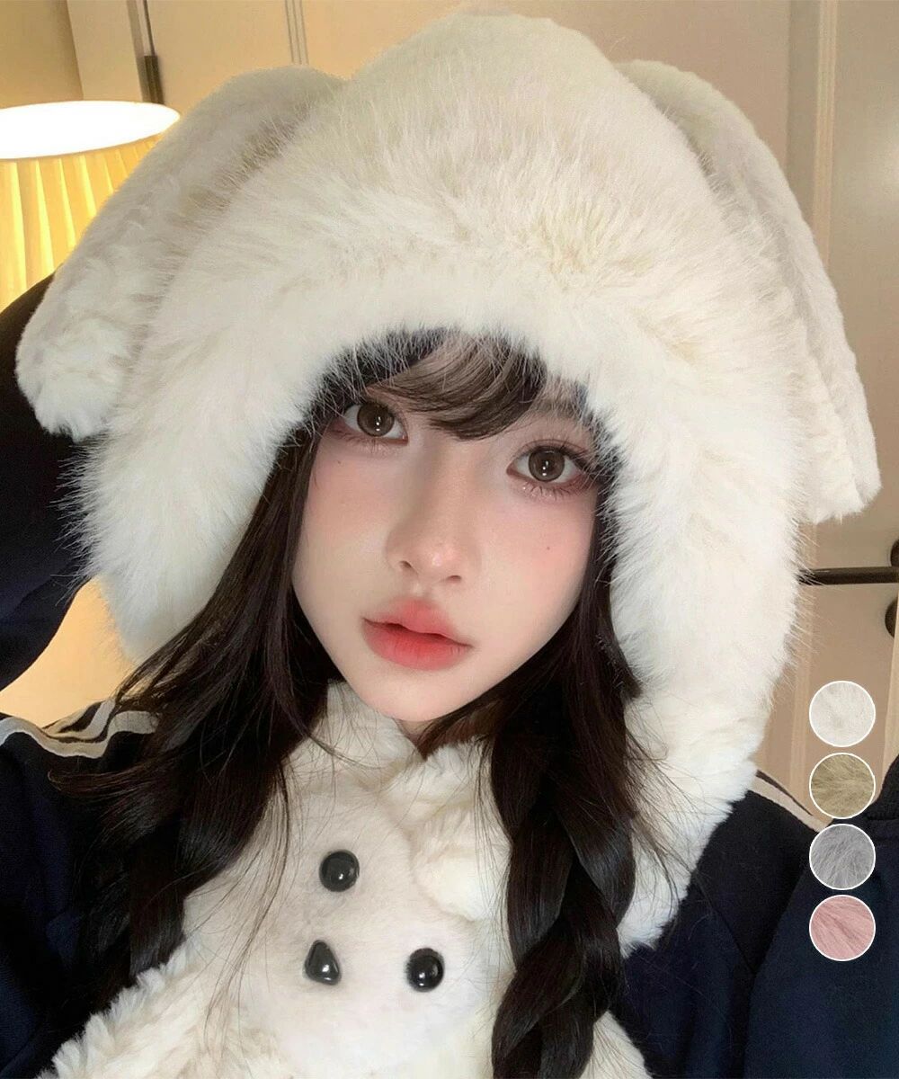 マフラー帽子うさぎ耳 ファー帽子ボア帽子 韓国風 暖かい ラビット耳冬用帽子 レディース おしゃれ 小顔帽子 耳付き ふわふわ 防寒ぼうし マフラー一体型 可愛い