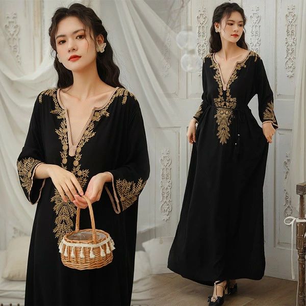 ワンピース 夏ワンピ ロング レディース Vネック 袖あり 無地 おしゃれ リゾート 刺繍 ファッション 春夏 カジュアル 大きいサイズ 体型カバー ゆったり ...