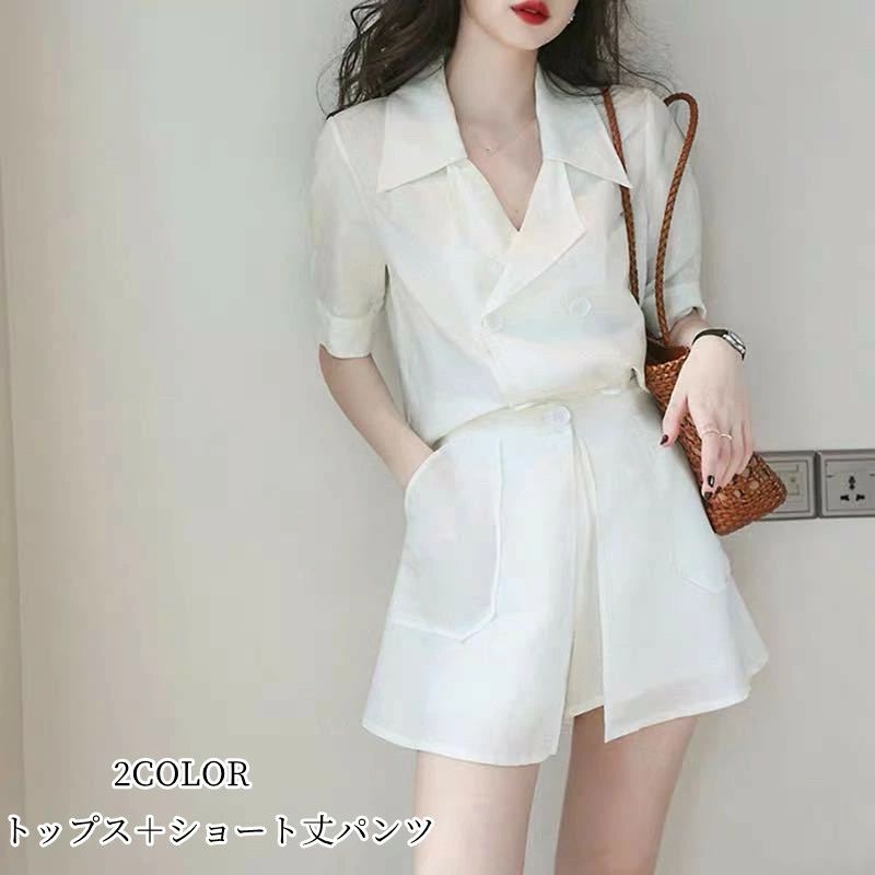セットアップ レディース 20代 30代 40代 50代 夏新作 シフォンスーツセット ショート丈パンツ 韓国風 通勤 OL オシャレ 人気新作 エレガント キレイめ S M L XL レディース ブラウス+パンツ パンツスーツ きれいめ カジュアル 白 黒(4.0)