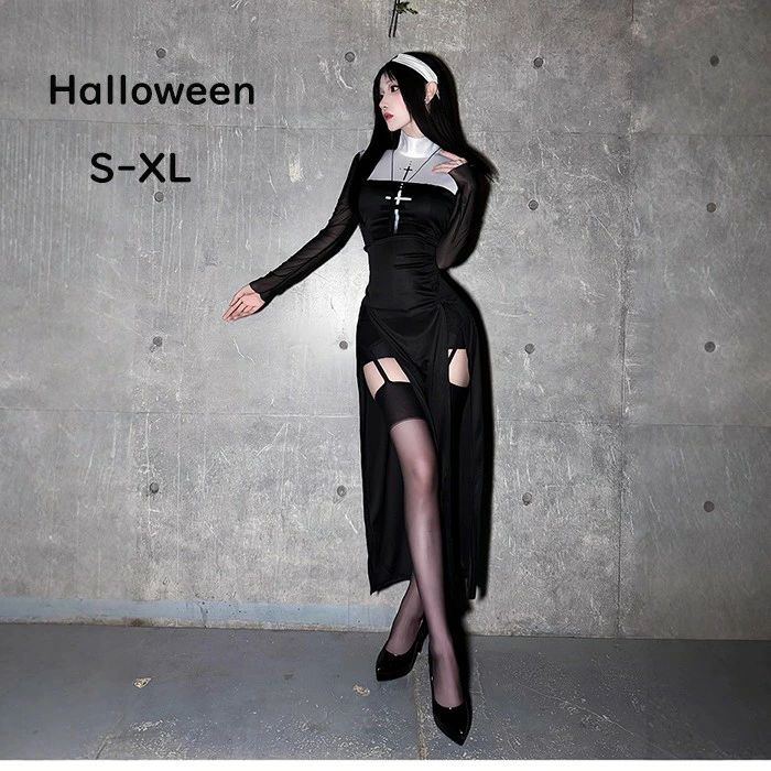 ハロウィン 衣装 修道女 仮装 コス コスプレ 聖女 修道士 コスプレ衣装 シスターコス シスター 黒 レディース ワンピース コスチューム..