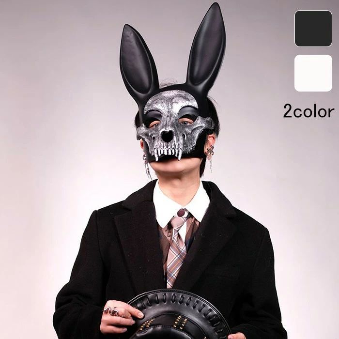 スカル 仮面 うさ耳 ブラック ホワイト 黒 白 フルフェイス コスプレ ホロウ ハロウィン 仮装 アニメ ゲーム ゴシック メイド ダーク ファンタジー イベント 恐怖 cute 可愛い コスプレグッズ(3.0)