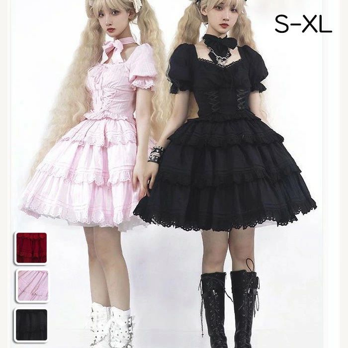ステージ衣装 アイドル服 ロリータ 上下セット コスプレ衣装 ショートトップス ティアードスカート コスチューム リボン レースアップ ゴシックロリィタ ゴスロリ 半袖 袖付き フリル裾 レディース 仮装 学園祭 文化祭 イベント