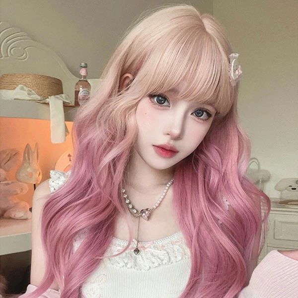 ウィッグ レディース フルウィッグ ロング メッシュ グラデーション 巻き髪 桜色 ピンク ぱっつん前髪 前髪あり 大人用 コスプレ ロリータ ゴスロリ コスチューム 原宿風 仮装 超自然 かつら wig Lolita 小顔 文化祭 イベント 学園祭 ハロウィン