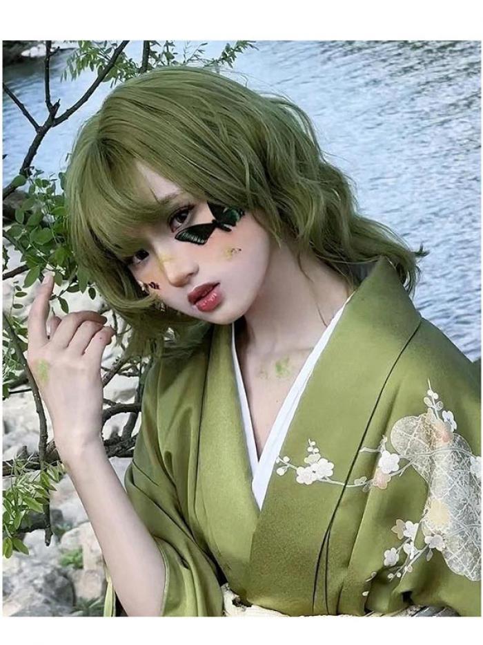 ウィッグ フルウィッグ グリーン 姫カット パーマ 巻き毛 レディース ハロウィン ふんわり前髪 ナチュラル 原宿風 かつら コスプレ 可愛い 仮装 大人用 普段使い イベント 女装 発表会 文化祭 学園祭 学芸会 舞台 演劇 変装 小道具 3