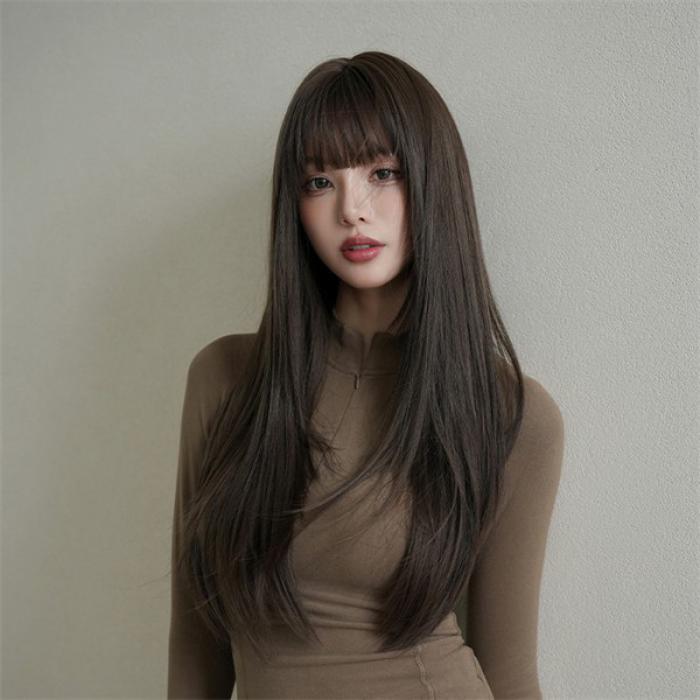 Wigs, Hair Extensions - ウィッグ ロング ストレート シャギー レイヤーカット ブラウン 茶髪 ぱっつん 前髪あり フルウィッグ ロングウィッグ 可愛い ロリータ 原宿 レディース コスチューム 仮装 大人 おしゃれ 普段使い 日常 イベント 学園祭 演劇 舞台 学芸会 文化祭 ハロウィン