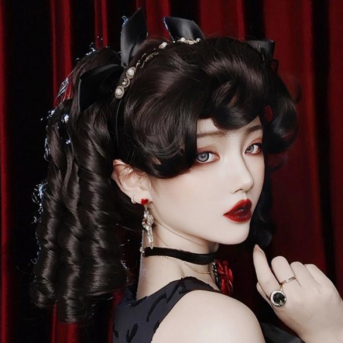 中世の貴族風 黒髪 巻き毛 フルウィッグ かつら 女性 長髪 ロング ロング丈 ロングウィッグ ロングヘア ロリータ lolita 前髪あり 自然..