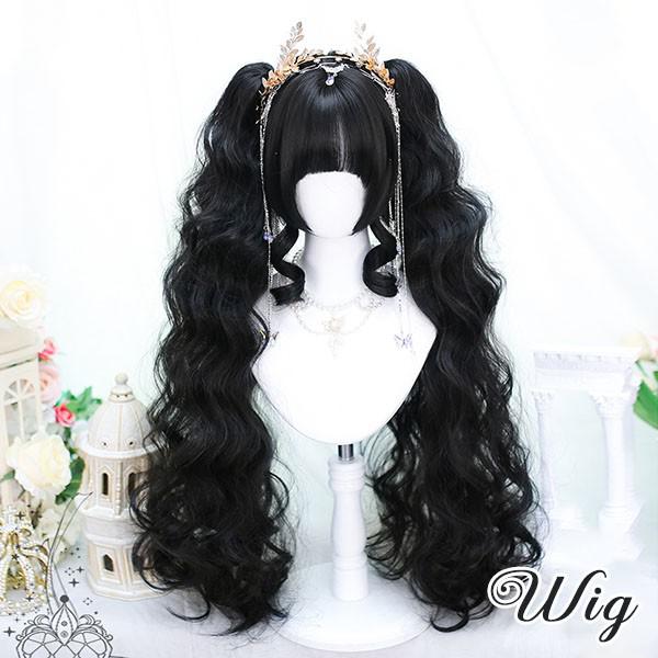 ウィッグ レディース フルウィッグ 短髪 ツイテール 巻き髪 黒髪 ブラック ぱっつん前髪 前髪あり 可愛..