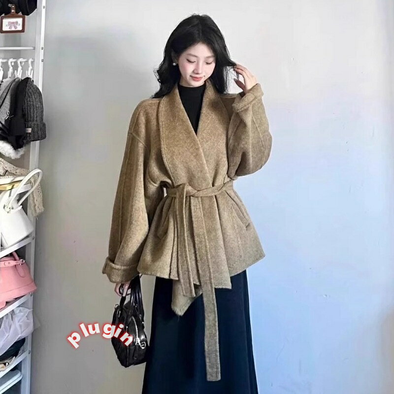 送料無料オリジナル品質新しい韓国スタイルミドル丈スモールウールコートレディースバスローブスタイルベルト付きウエストウールコート