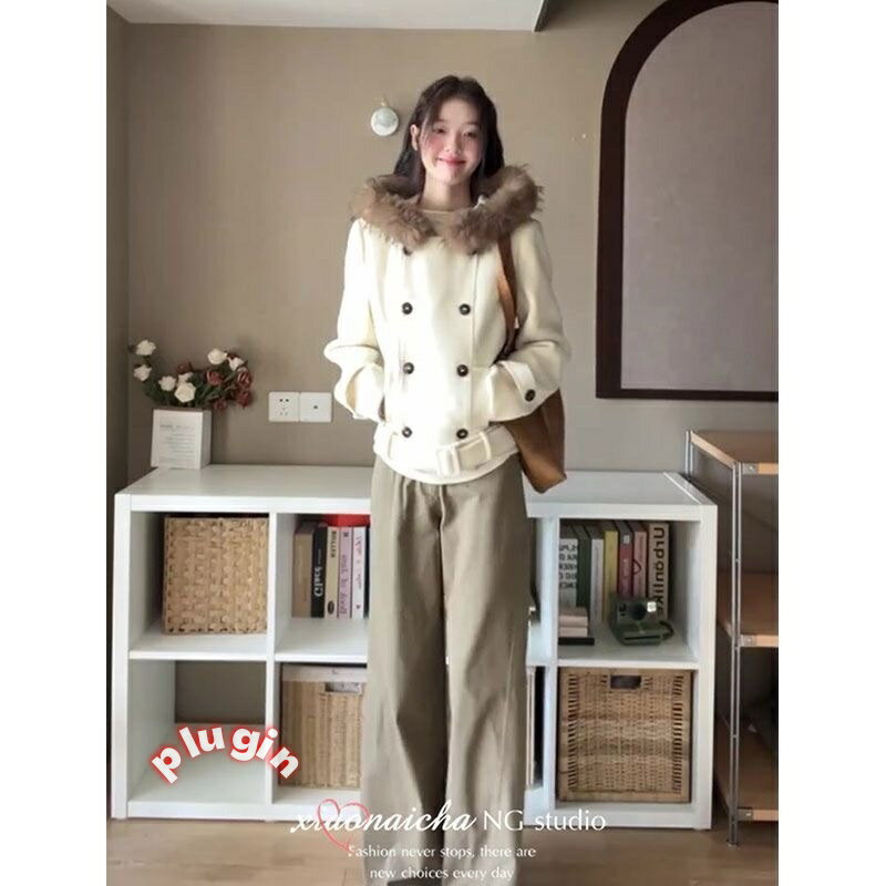 送料無料(綿裏地)レトロダブルブレストフード付きウールジャケット秋冬新作ゆったり厚みショートスタイル