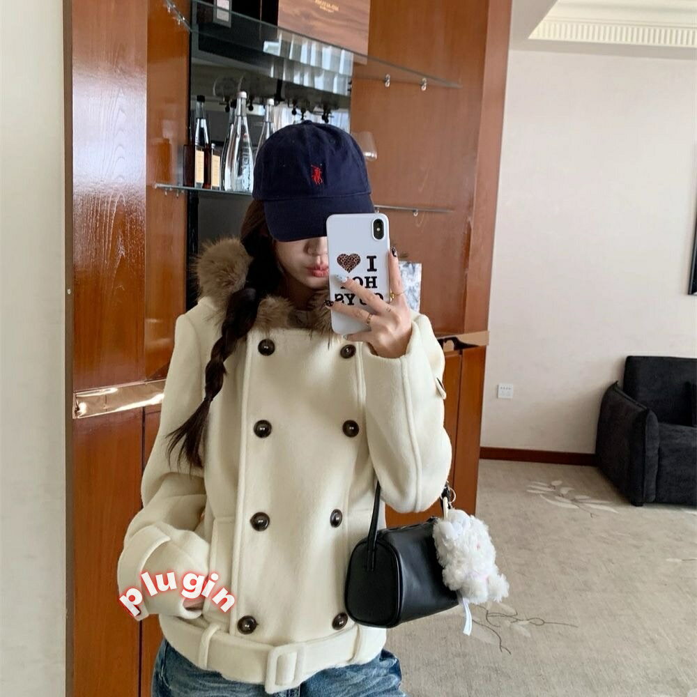 送料無料(綿裏地)レトロダブルブレストフード付きウールジャケット秋冬新作ゆったり厚みショートスタイル