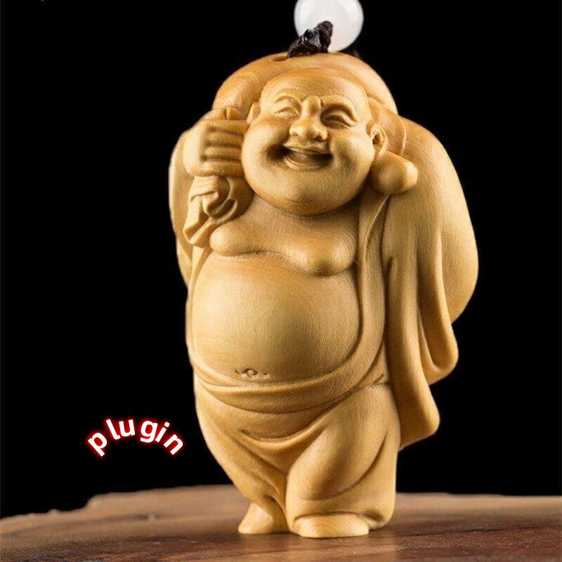 ポイント8倍【送料無料】小葉ツゲ彫刻 弥勒仏手付・金袋・微笑み仏と円満福 無垢材文字彫刻