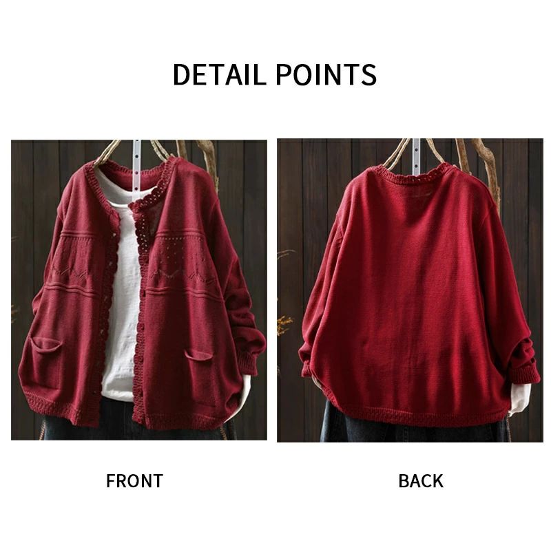 プラグイン 楽天市場店のニットカーディガン 羽織り ニットソー アウター 長袖 レディース トップス ニット カーディガン ショート丈 パーカー 織物 ノーカラー ポケット付き 無地 ニットセーター フリル カジュアル 柔らかい 部屋着 ルームウェア 透かし編み リラックス 重ね着 おしゃれ 秋 冬｜アングル3