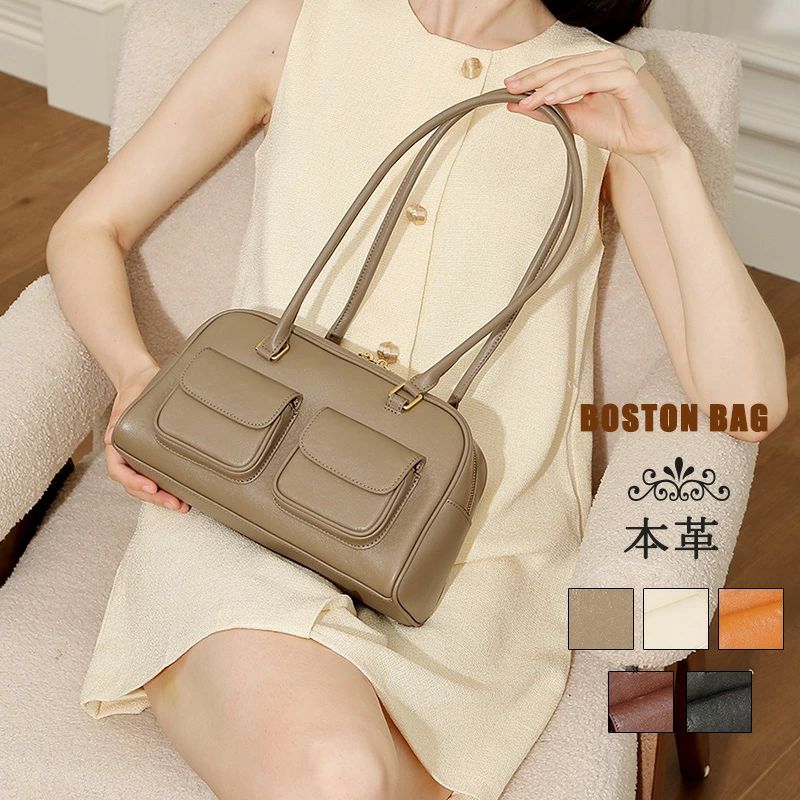 本革 ボストンバッグ ロングハンドル レディース トートバッグ ボストン ワイドボストン バゲットバッグ ランドスケープバッグ バッグ 横長 軽量 軽い スクエアボストンバッグ 肩掛け 牛革 レザー おしゃれ 通勤 通学 ビジネス大人