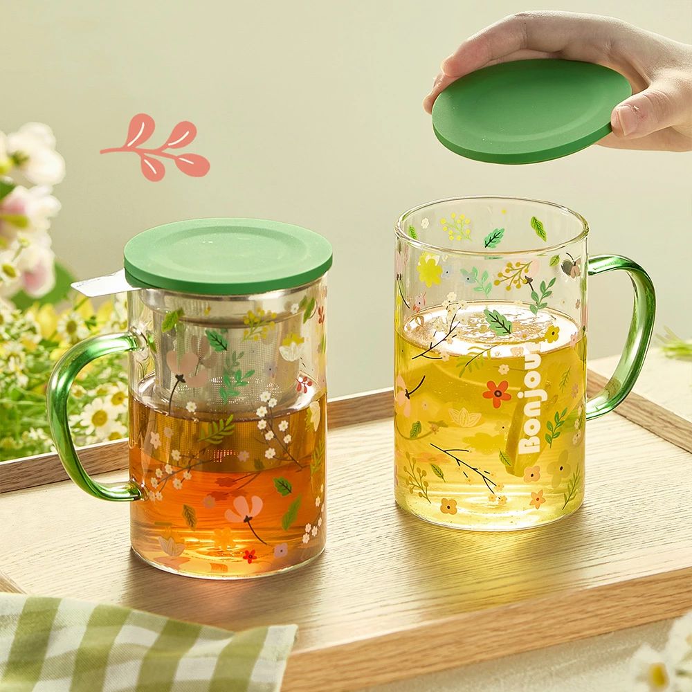 田園風 植物 ティーポット 550ml 耐熱ガラス おしゃれ ガラス製ポット 麦茶 紅茶ポット 食器 フルーツティー 花茶 レモンティー ハーフティーにティーポット ウオーターピッチャー ウォーターボトル 自宅 来客用 引っ越し 誕生日 プレゼント