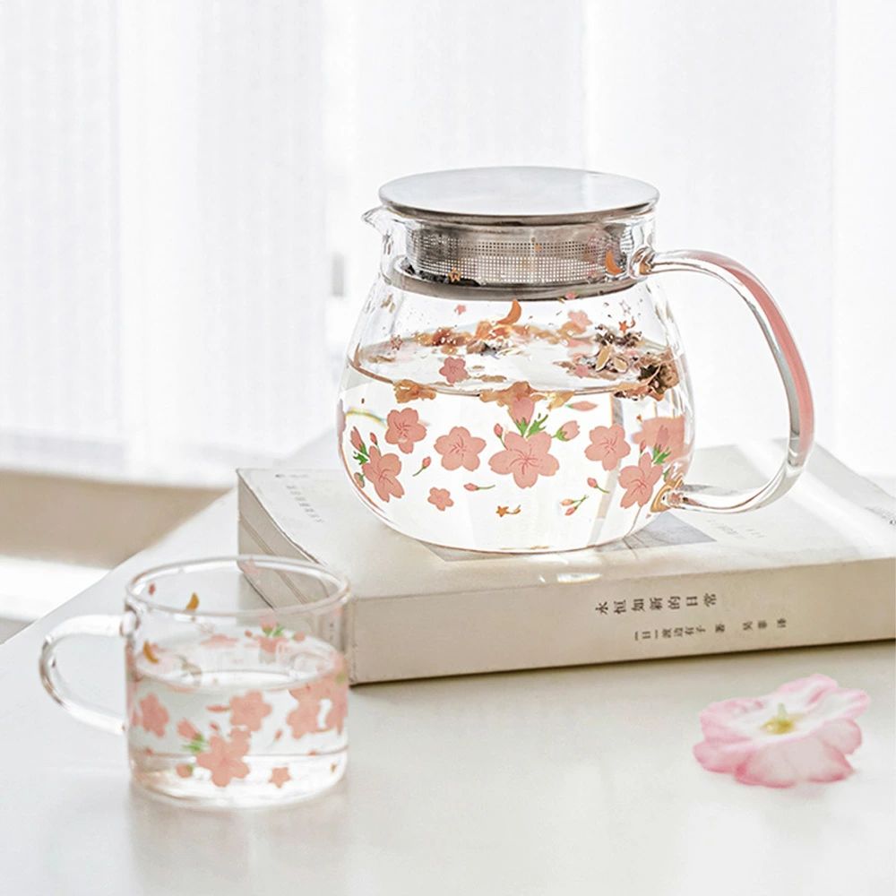 ins風 桜柄 ワンタッチティーポット&マグカップ 耐熱ガラス コーヒーサーバー ステンレス蓋 茶こし付き..