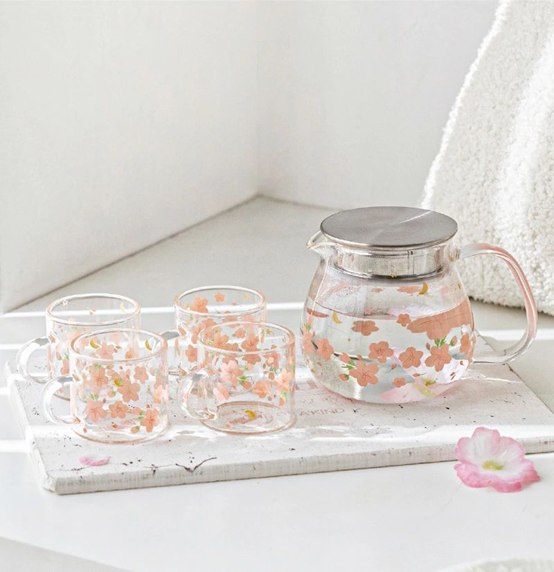 ins風 桜柄 ワンタッチティーポット&マグカップ 耐熱ガラス コーヒーサーバー ステンレス蓋 茶こし付き ウォーターボトル ピッチャー&カップ ガラス製ポット 麦茶 紅茶ポット フルーツティー 花茶 レモンティー ハーフティー 急須 自宅 来客用 誕生日 プレゼント