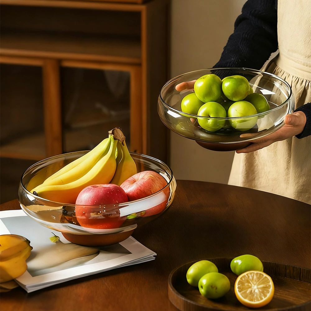 レトロ風 果物収納トレイ 深い型 天然木&ガラス製 卓上収納ケース＆トレー 脚付き お菓子 小物 収納ボ..