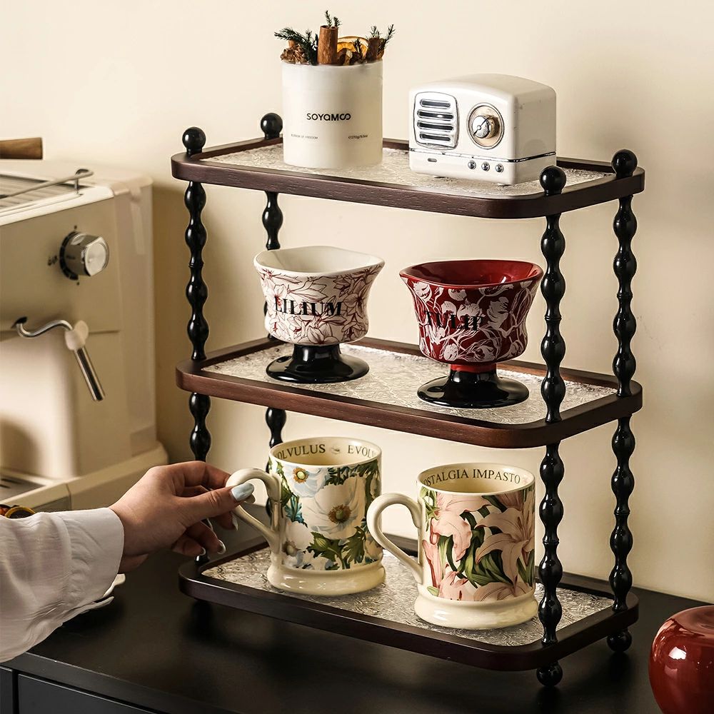 レトロ風 卓上収納ラック ハナカイドウ柄 カップ置き台 天然木＆アクリル素材 ラック 3段 2段 収納ボックス おしゃれ 北欧 カップスタンド テーブル 収納 整理 化粧品 コップ 小物収納 BOX モダン インテリア キッチン雑貨 自宅用 新生活 引っ越し プレゼント(3.0)