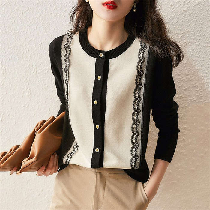 ニットカーディガン レディース 秋冬新作 40代 長袖 セーター ショート丈 トップス ゆったり アウター ニットソー おしゃれ 秋服 30代 50代 ニットトップ ス レース切り替え