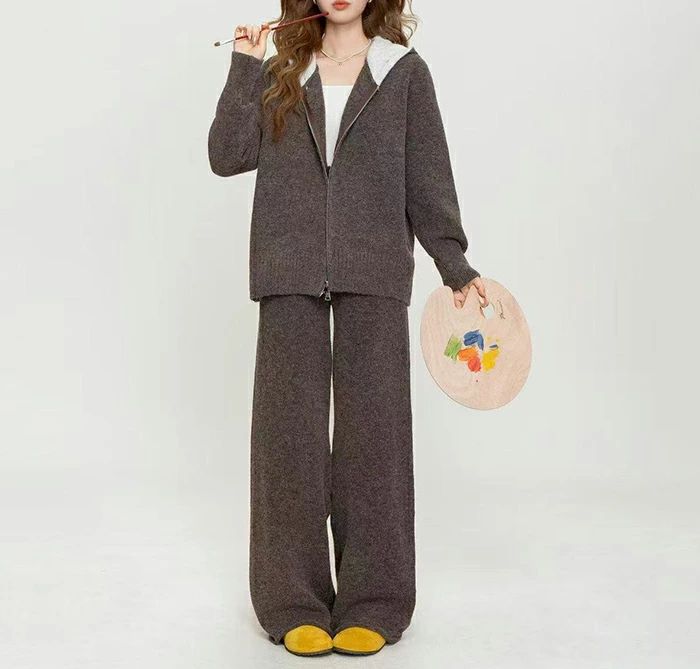 上下 ワイドパンツ 2点セット フード付き カーディガン ニット 前開き 上下セット 無地 ニットセット カジュア 秋冬 レディース