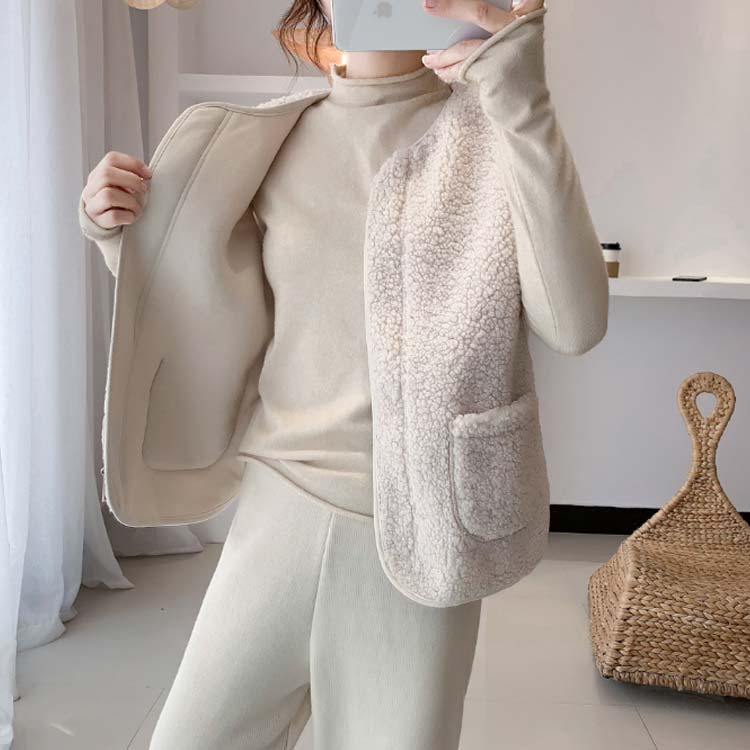 プラグイン 楽天市場店のゆったり 大きいサイズ お洒落 ポケット付き 前開き クルーネック 無地 トップス もこもこ 秋冬 ノースリーブ レディース ジレ｜アングル3