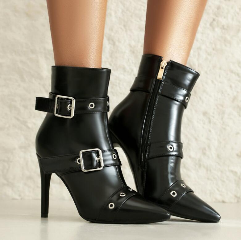 ポインテッドトゥ ショートブーツ ピンヒール ブーツ ミドル丈 美脚 レディース ベルト付き ピンヒール..