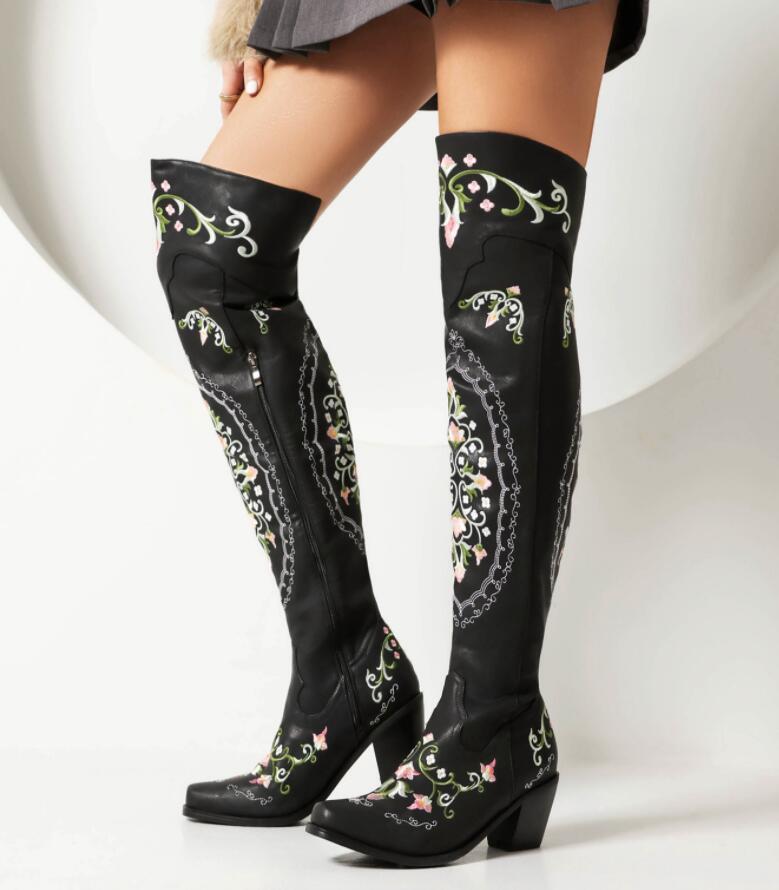 6センチ 太ヒール 秋冬 ロング丈 合皮 長靴 22cm〜28cm 小さいサイズ 大きいサイズ 刺繍入り ロングブーツ