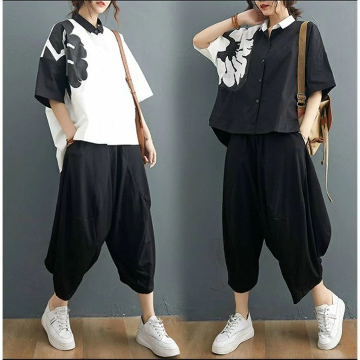 大き ゆったり 2点セット 九分丈 サルエルパンツ 綿麻混風 ガウチョパンツ トップス ブラウス tシャツ レディース セットアップ