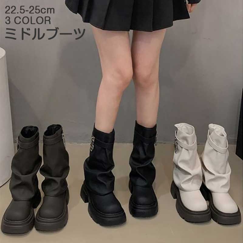 エンジニアブーツ ソックスブーツ ローヒール シューズ 太いヒール ミドルブーツ フェイクレザー 幅広 スリッポン 靴 レディース