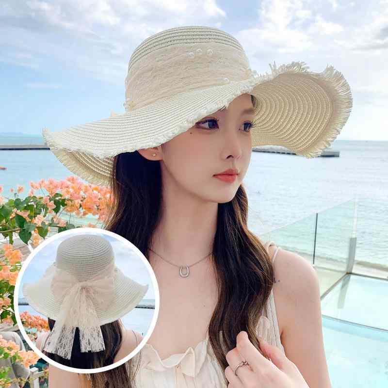 ベージュ 麦わら帽子 日焼け防止 女性用 帽子 レディース ストローハット カーキ パール ピンク レース..