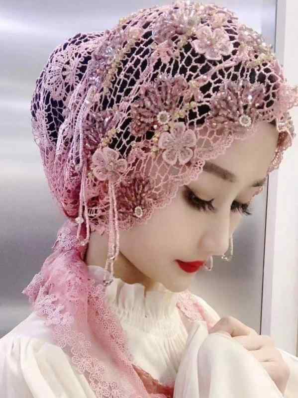 ヒジャブ 花柄 エスニック プルオーバー オールシーズン 刺繍 透かし編み エレガント おしゃれ レース スカーフ 帽子 レディース