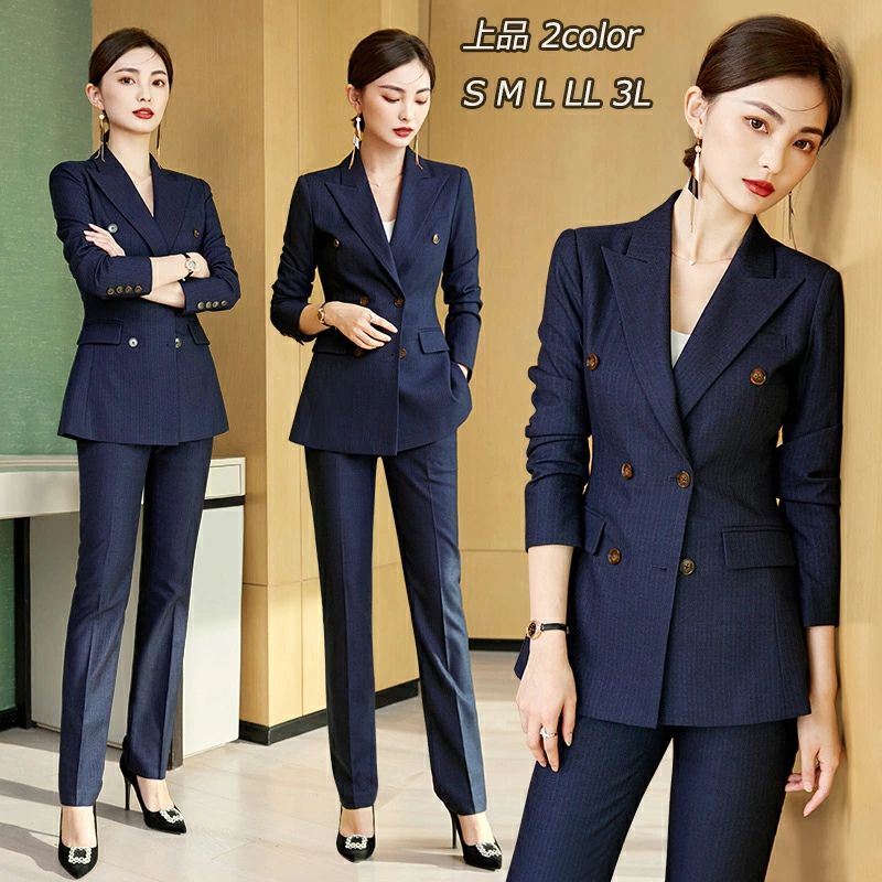 上品 2色 ジャケット+9分丈パンツ/ガウチョパンツ/スカート 縞々柄 ストライプスーツ レディーススーツ S〜3XL ストレートパンツスーツ カジュアルスーツ ダブルボタンスーツ スカートスーツ スーツセット 細身スーツ ベルト通し付き セセレモニー スタイリッシュ