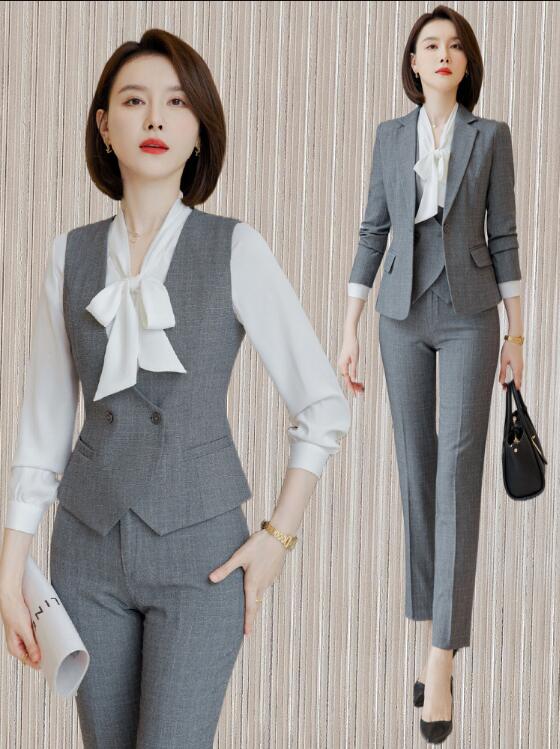 グレー灰色 長袖ジャケット+パンツ＋ベスト/スカート 通勤 OL テーラード フォーマル レディーススーツ 3点セット パンツ スーツ スカートセット スカートスーツ 5号-17号 S～4XLママスーツ 大きいサイズ リクルートスーツ セットアップ パンツスーツ セレモニースーツ
