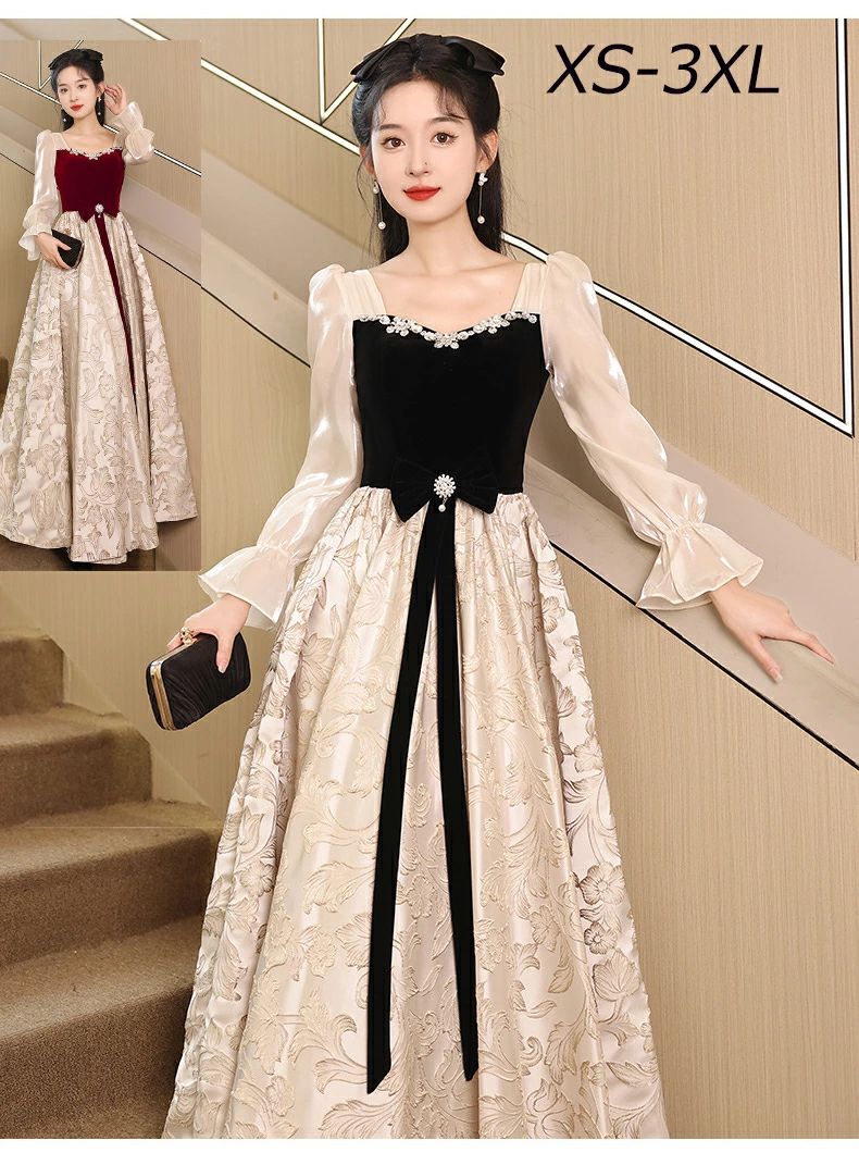 送料無料 イブニングドレス 黒 赤 ベロア ベルベット ロングドレス 発表会ドレス ブラック 結婚式ドレス 二次会ドレス プリント花柄 オシャレ パーティードレス 成人式ドレス パフスリーブ パール 長袖 同窓会 謝恩会 スクエアネック パフスリーブ ファスナー マキシ丈