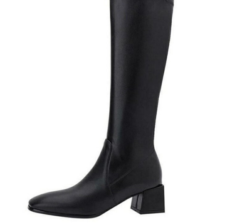 レディース ロングブーツ ジョッキー チャンキーヒール ストレッチ 履きやすい サイドジッパー ハイヒール 太ヒール 歩きやすい スクエアトゥ 長靴 カジュアル 防滑 秋冬 着痩せ 小さいサイズ