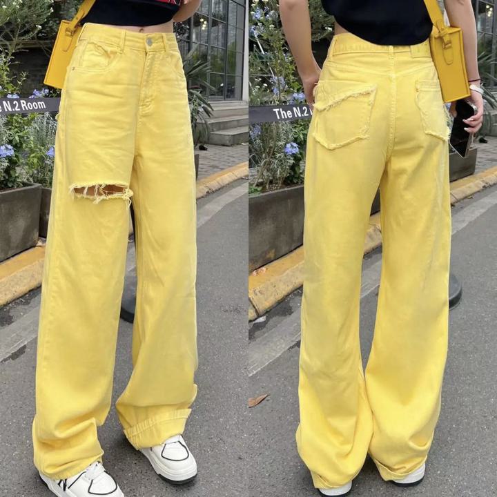 イエローダメージジーンズ イエロー ダメージジーンズ ジーンズ デニム ワイドパンツ トレンド ハイウエスト カジュアル ストリート アメカジコーデ オシャレ 美脚 レディース a4412