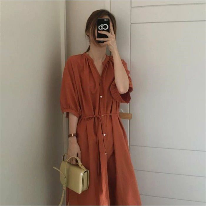 マキシワンピース　シャツワンピース　レディース ロング丈 5分袖 着痩せ　春 夏 秋 冬ナチュラル オレンジ グリーン 体型カバー