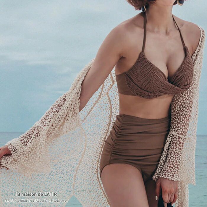 フロントクロシェ編みハイウエストビキニ シンプル 体型カバー 2点セット 大人っぽい きれいめ ブラウン