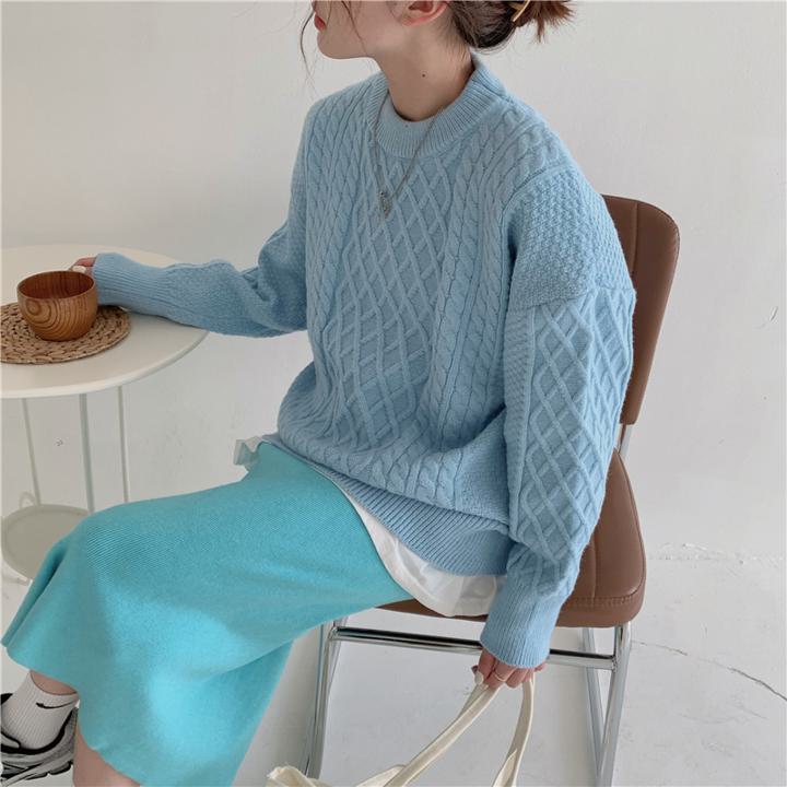 【セットアップ】ブルーツイストセーター＋ニットスカート プルオーバーニットセーター長袖トップス 韓..