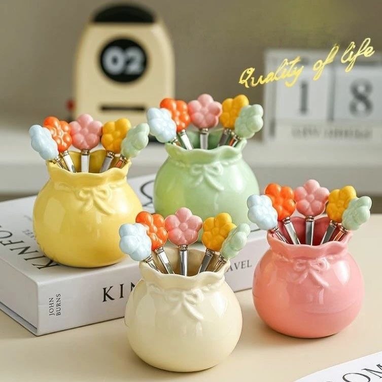 フォーク5色セット 可愛い花瓶型ケース付き ペンスタンド ペンホルダー 化粧筆入れとしても使えます セラミック 陶器 カトラリー
