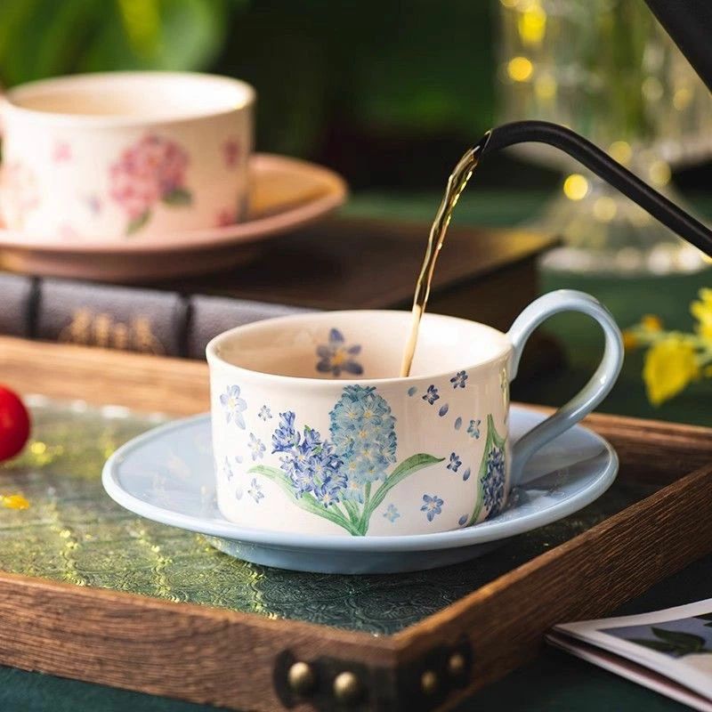 コーヒーカップセット 母の日プレゼント 絵付けマグカップ 花柄　同色ソーサーセット 210ml