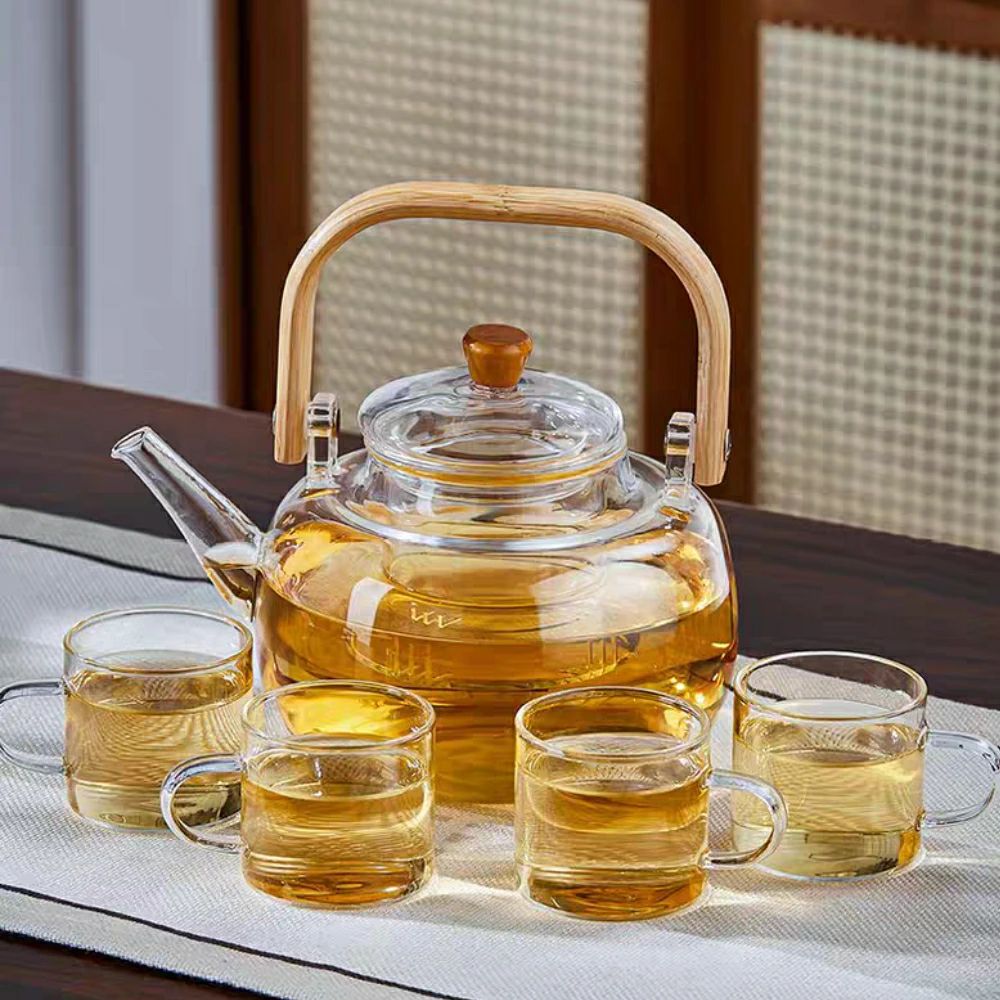 ポット＆マグカップセット 耐熱ガラス 直火加熱可ポット 紅茶 食洗機対応 おしゃれ シンプル ギフト耐熱 耐冷 水差し 1000mlポット 120mlマグカップ